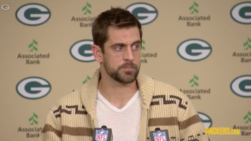 Green Bay Packers quarterback Aaron Rodgers abides during his Thursday post-game press conference. (Screenshot: Green Bay Packers)